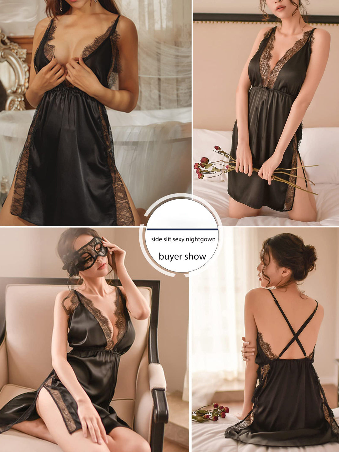 Elegant Lace Trim Babydoll Nightwear, V-Neck Sleepwear with Side Slit