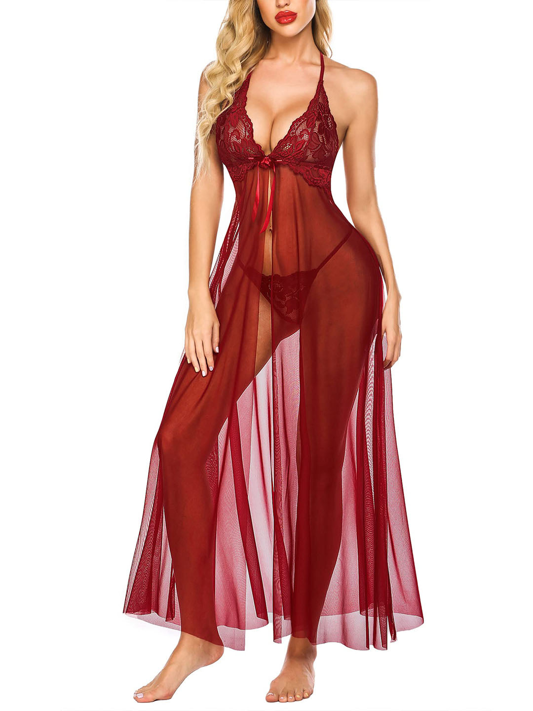 Women Lingerie Lace Babydoll High Split Maxi Long Gown Maternity Dress Night wear Sleep wear Nighty for Honeymoon