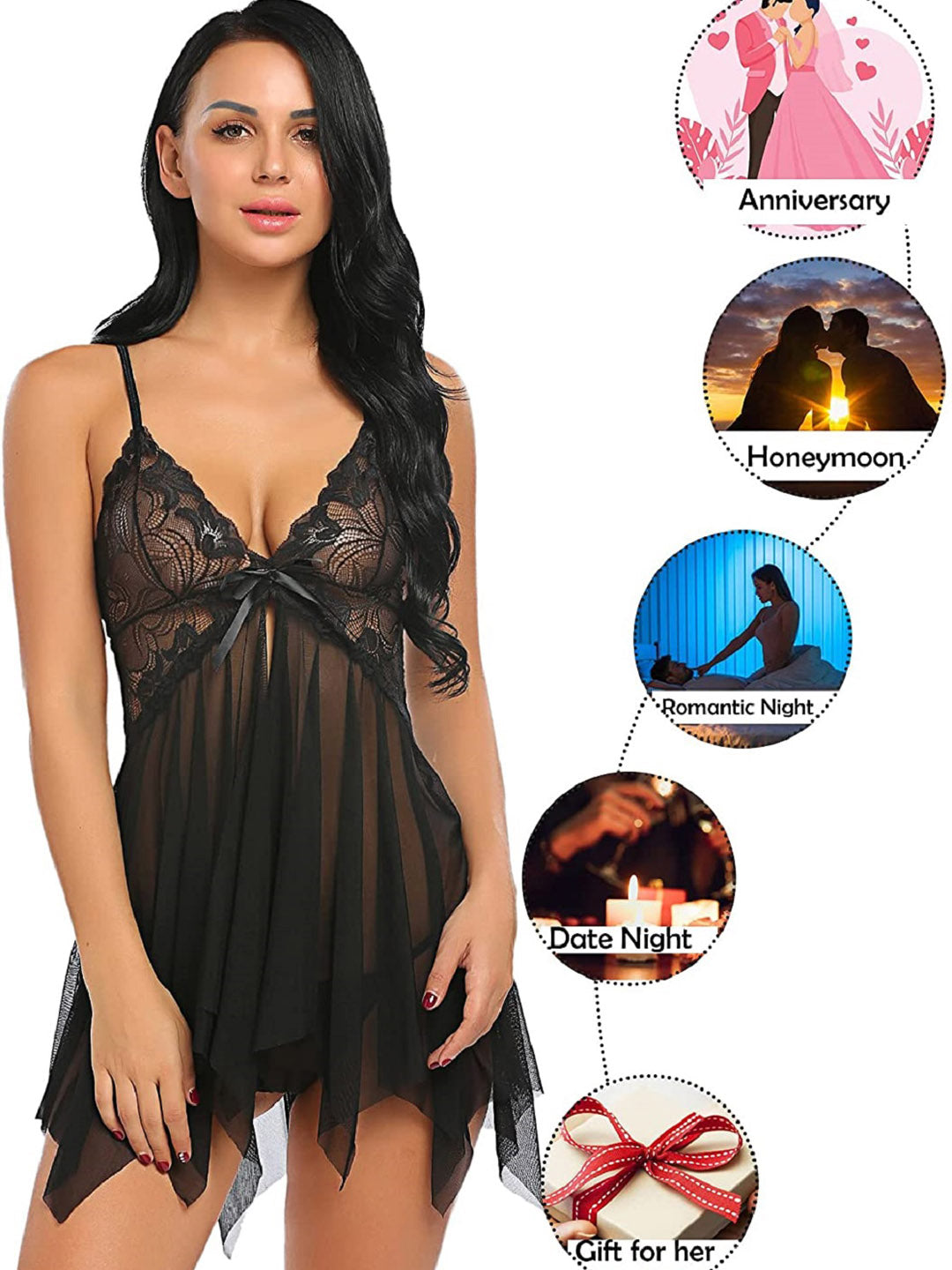 Women's Lace Babydoll Nightwear, V-Neck Mesh Lingerie with Bow Detail