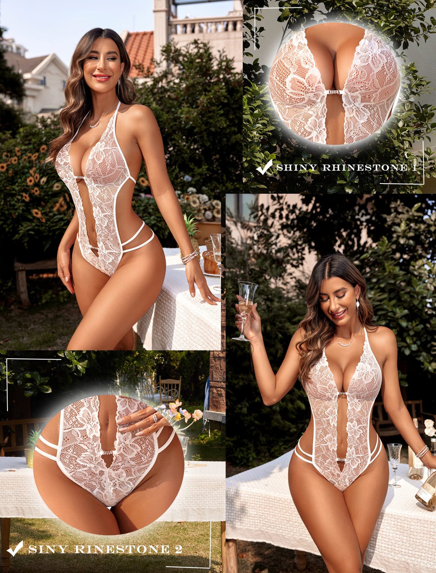 Women's Sexy Lace Teddy Lingerie – Deep V Sheer Halter Bodysuit with Strappy Back & Open Front