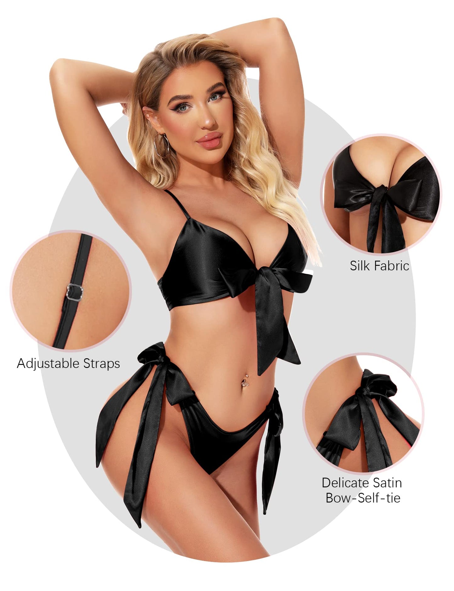Satin Two-Piece Swimsuit Set with Bow Details, Lingerie Set Bikini Top and Bottom, Tie-Side Design
