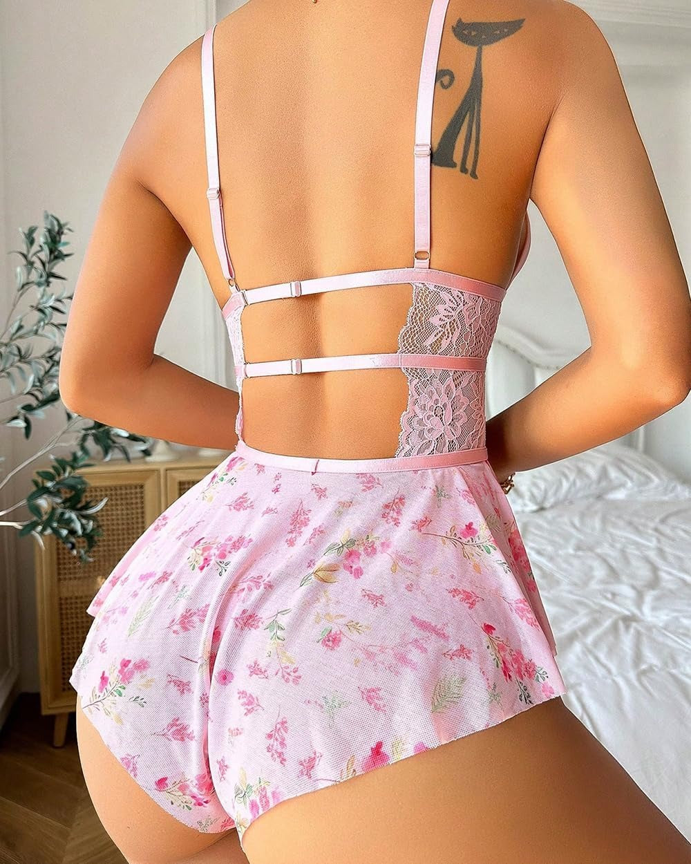 Daisy Lace Babydoll Nightwear - Women's Floral Chemise One-Piece with Lace Babydoll Lingerie Mesh Wedding Nightie Bridal Dress Honeymoon Valentine Nightdress
