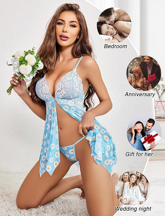 Floral Babydoll Lingerie Set, Blue Daisy Print with White Lace Trim, Asymmetric Hem