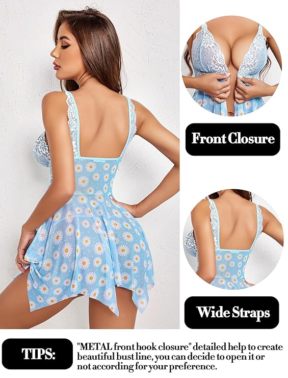 Floral Babydoll Lingerie Set, Blue Daisy Print with White Lace Trim, Asymmetric Hem