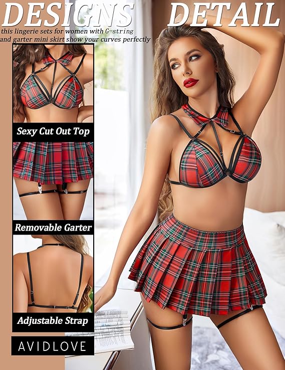 Women’s Plaid Babydoll Lingerie Set with Strappy Bra, Mini Skirt & Garter Straps – Sexy Schoolgirl Style Nightwear