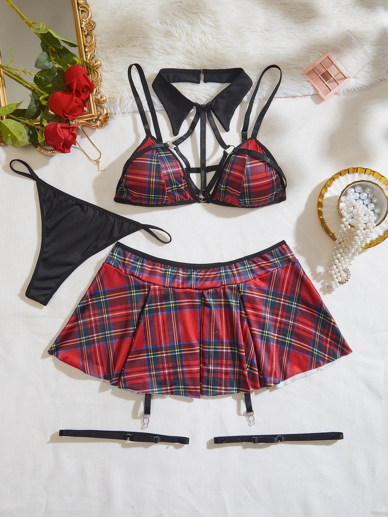 Women’s Plaid Babydoll Lingerie Set with Strappy Bra, Mini Skirt & Garter Straps – Sexy Schoolgirl Style Nightwear