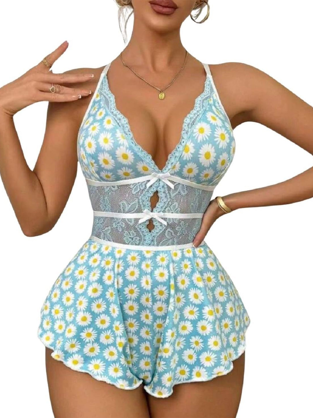 Daisy Lace Babydoll Nightwear - Women's Floral Chemise One-Piece with Lace Babydoll Lingerie Mesh Wedding Nightie Bridal Dress Honeymoon Valentine Nightdress