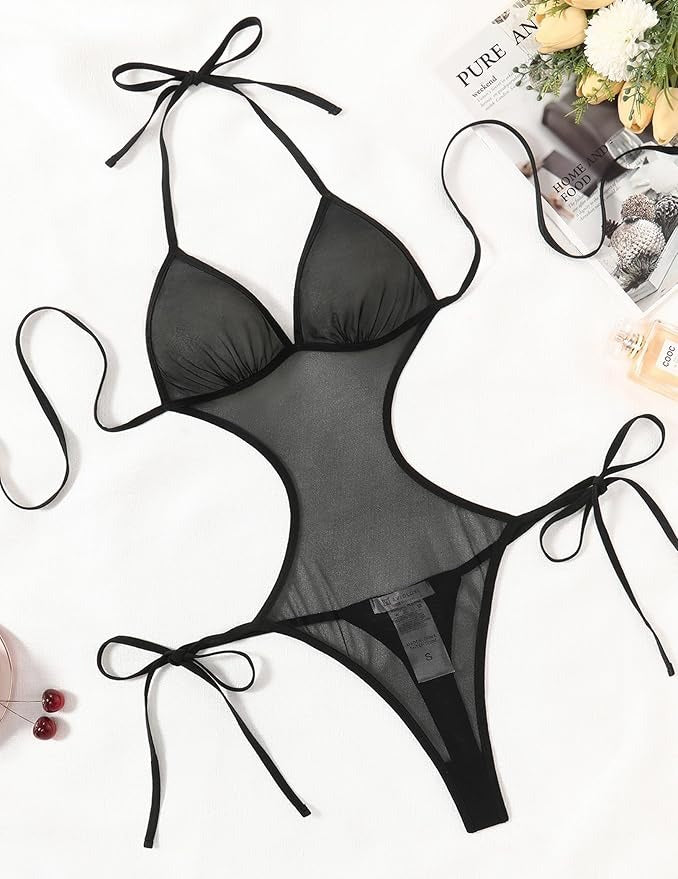 Women’s Sheer Mesh Cutout Teddy Lingerie – Sexy Halter Neck One Piece Bodysuit for Nightwear & Honeymoon