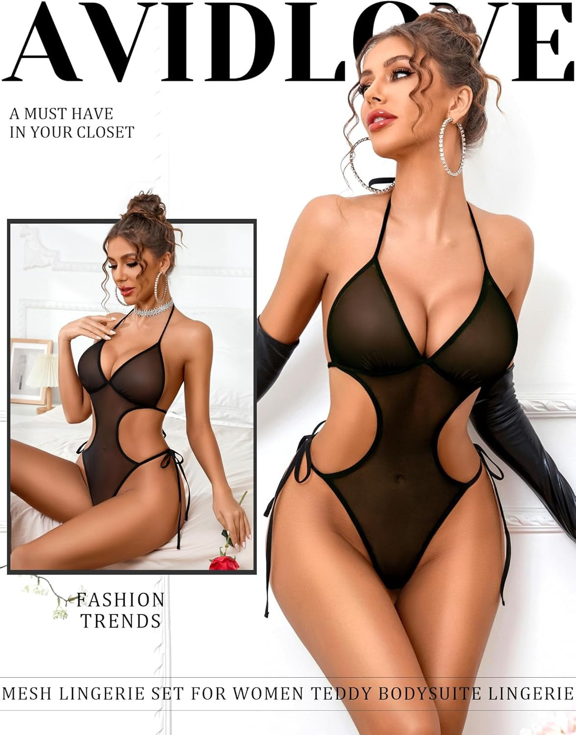 Women’s Sheer Mesh Cutout Teddy Lingerie – Sexy Halter Neck One Piece Bodysuit for Nightwear & Honeymoon