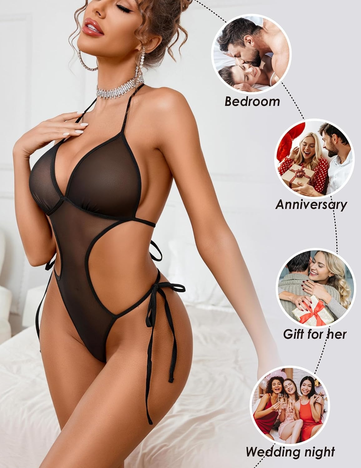 Women’s Sheer Mesh Cutout Teddy Lingerie – Sexy Halter Neck One Piece Bodysuit for Nightwear & Honeymoon